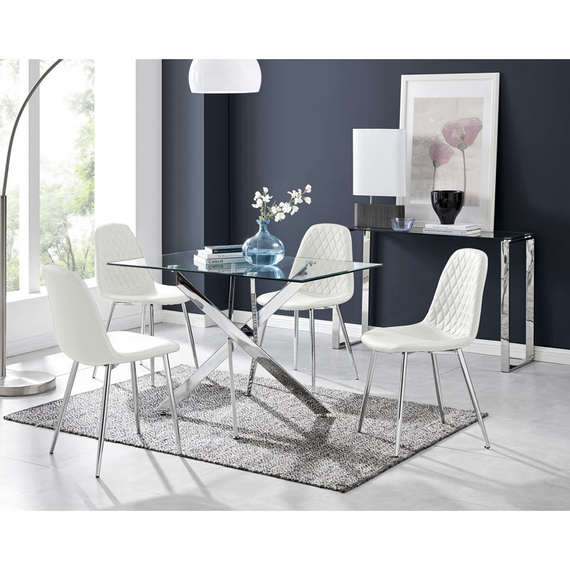 Lenworth Modern Chrome Metal and Glass Dining Table Set with 4 Luxury Faux Leather Dining Chairs, White