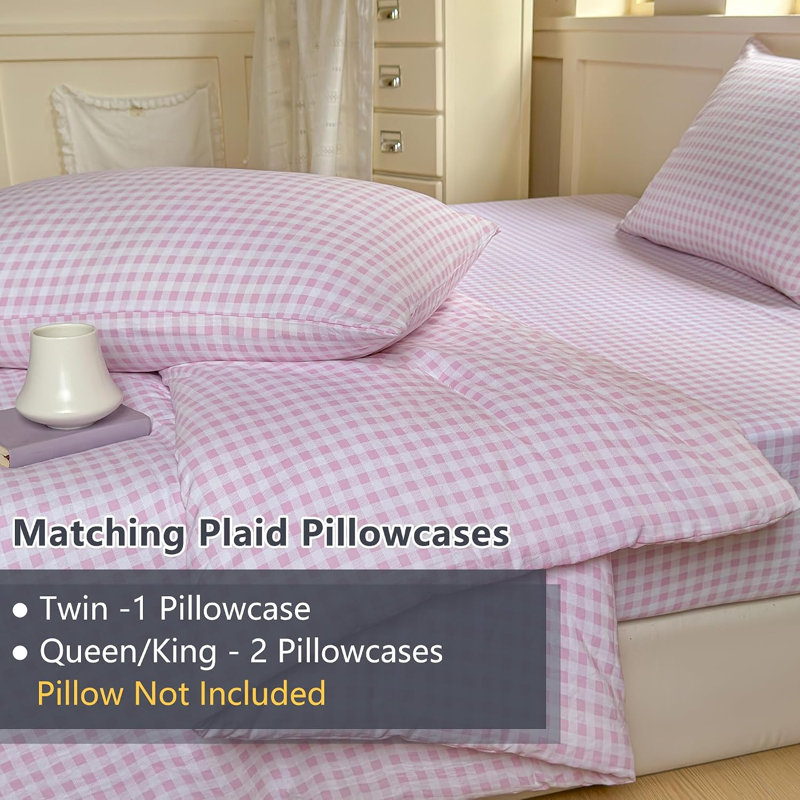 Ensemble d'édredon en microfibre prélavée Gingham, Édredon simple + 1 taie d'oreiller, Vichy écossais rose