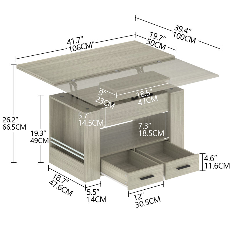 Table basse à plateau relevable, table basse multifonctionnelle 4 en 1 avec rangement, Gris