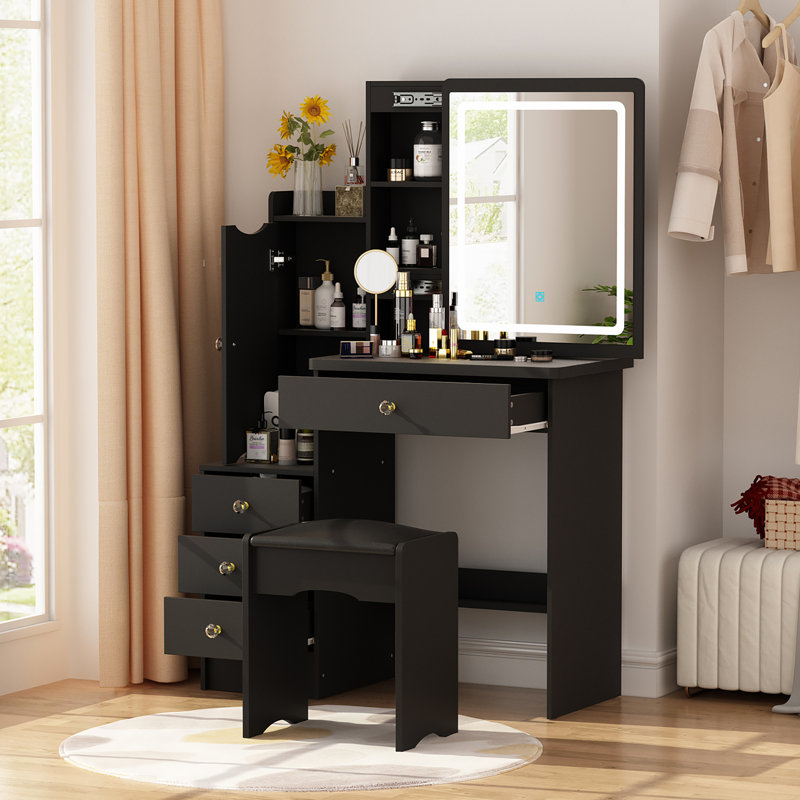 Vanity Set with Stool and Mirror, Black