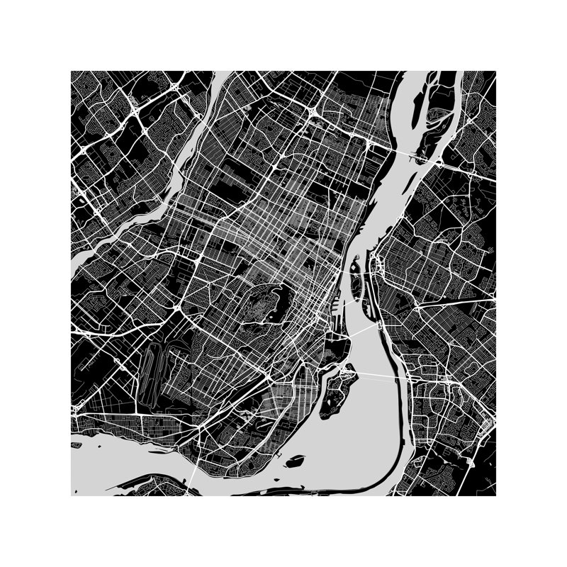 Montreal Urban Roadway Map (Black) 1 Piece Wall Art on Canvas, 93.98 cm H x 93.98 cm W x 1.91 cm D, Wrapped Canvas