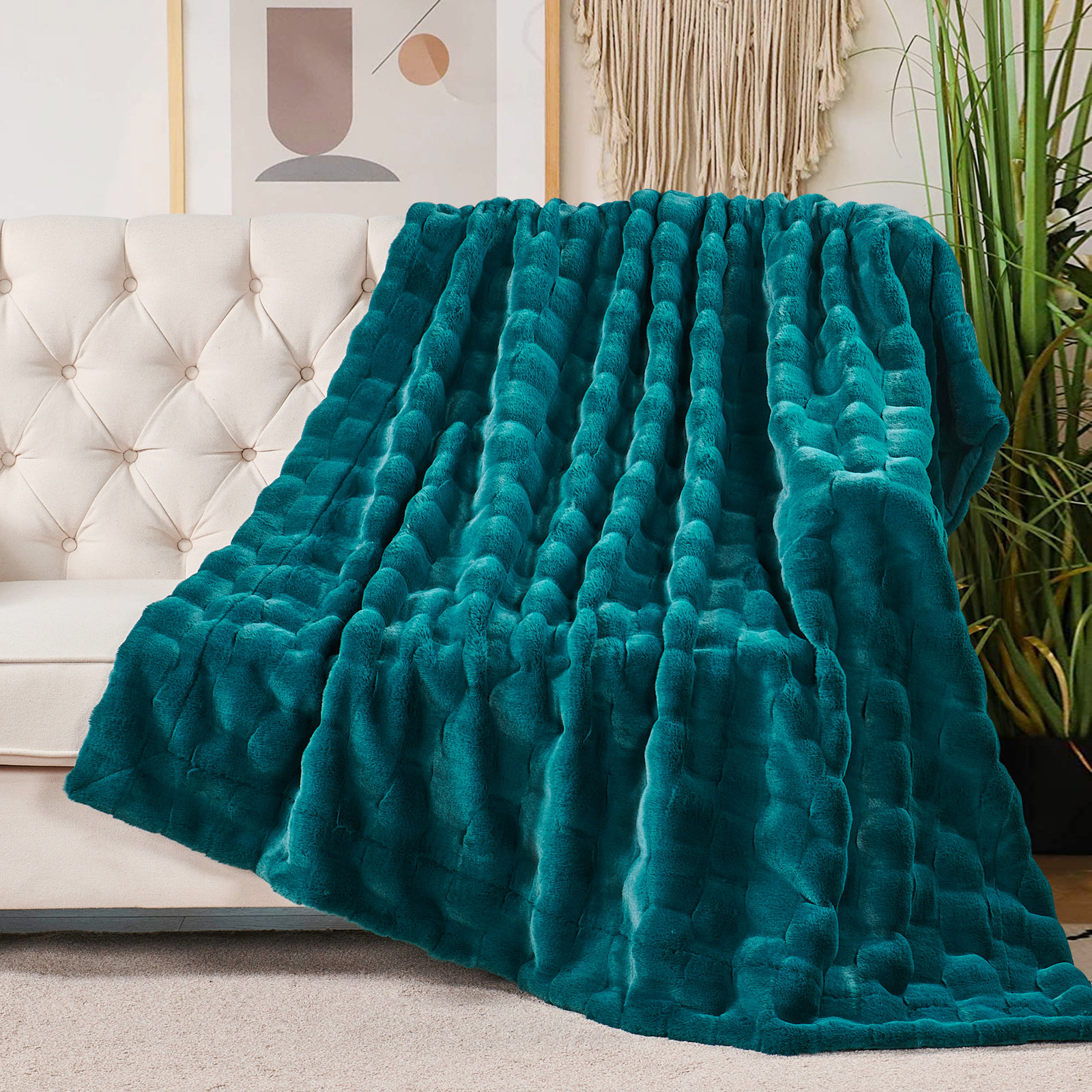 Biscoe Faux Fur Knitted Throw Blanket, Teal, 50"W x 70"L
