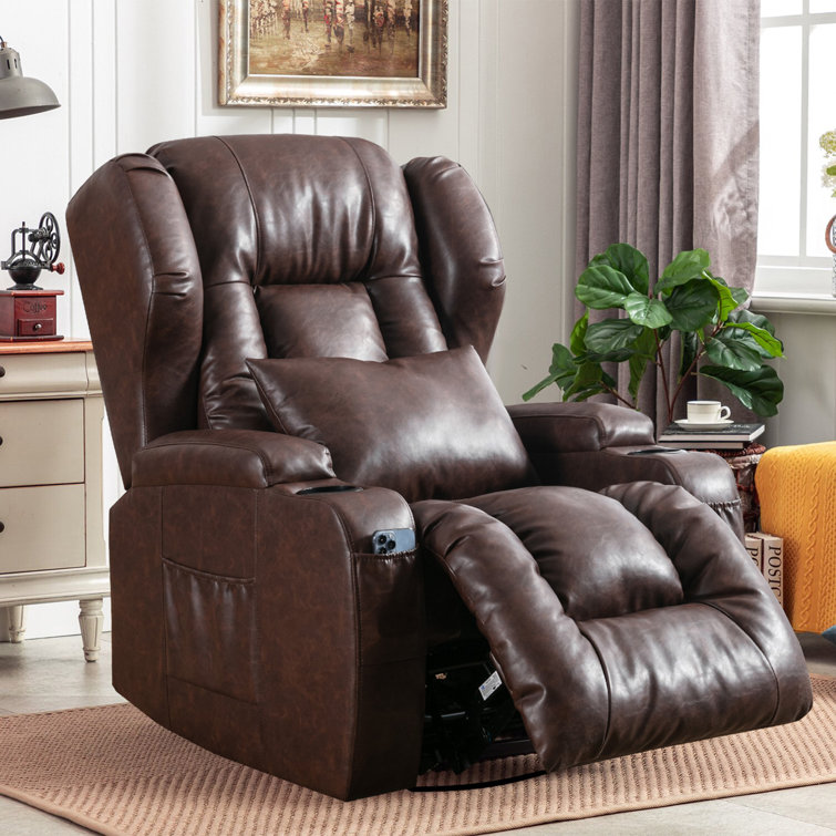 Manual Glider Recliner Swivel Rocking Chair with Lumbar Pillow Cup Holders Latitude Run Leather Type: Brown