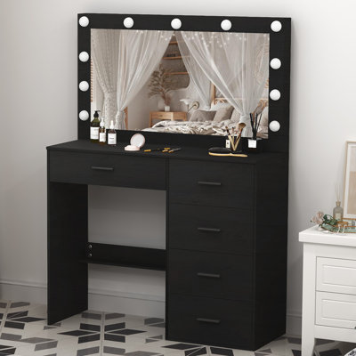 Coiffeuse noire avec grand miroir, 5 tiroirs, coiffeuse éclairée pour filles