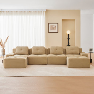 Canapé modulaire en U de 153 po pour salon modulaire en tissu velours côtelé de 153 po avec siège profond et repose-pieds mobile à 2 places, passepoil perlé, conception sans assemblage, conception antidérapante, chameau