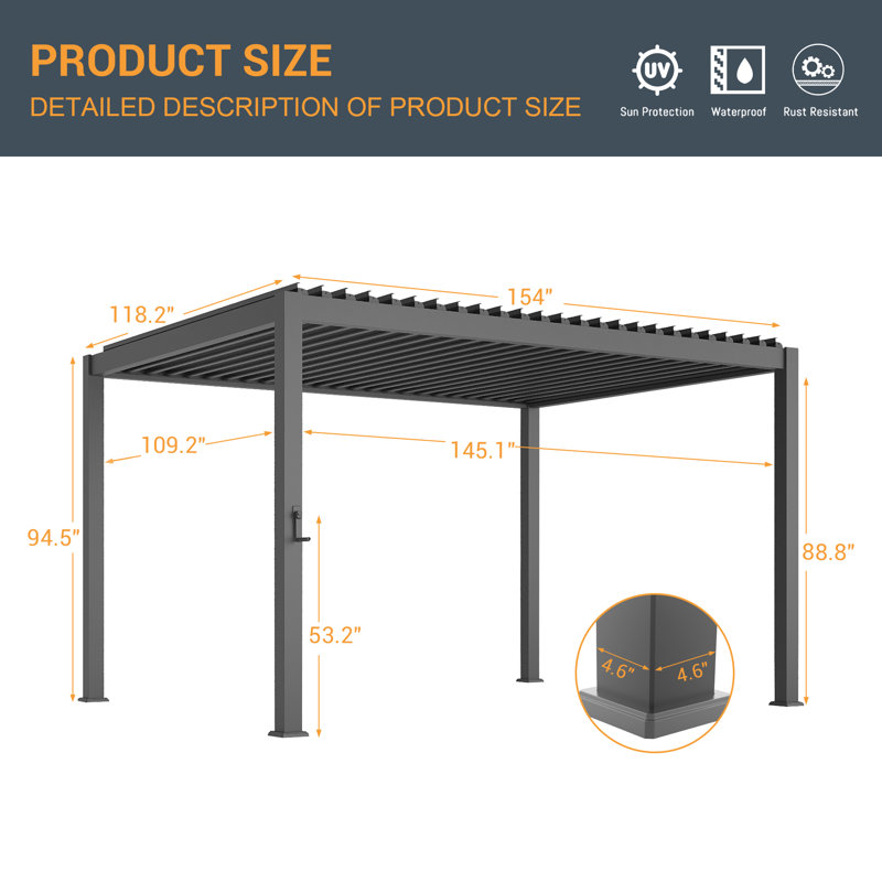 Aluminum Pergola with Louvered Canopy, Dark Gray, 10 Ft. x 13 Ft.	
