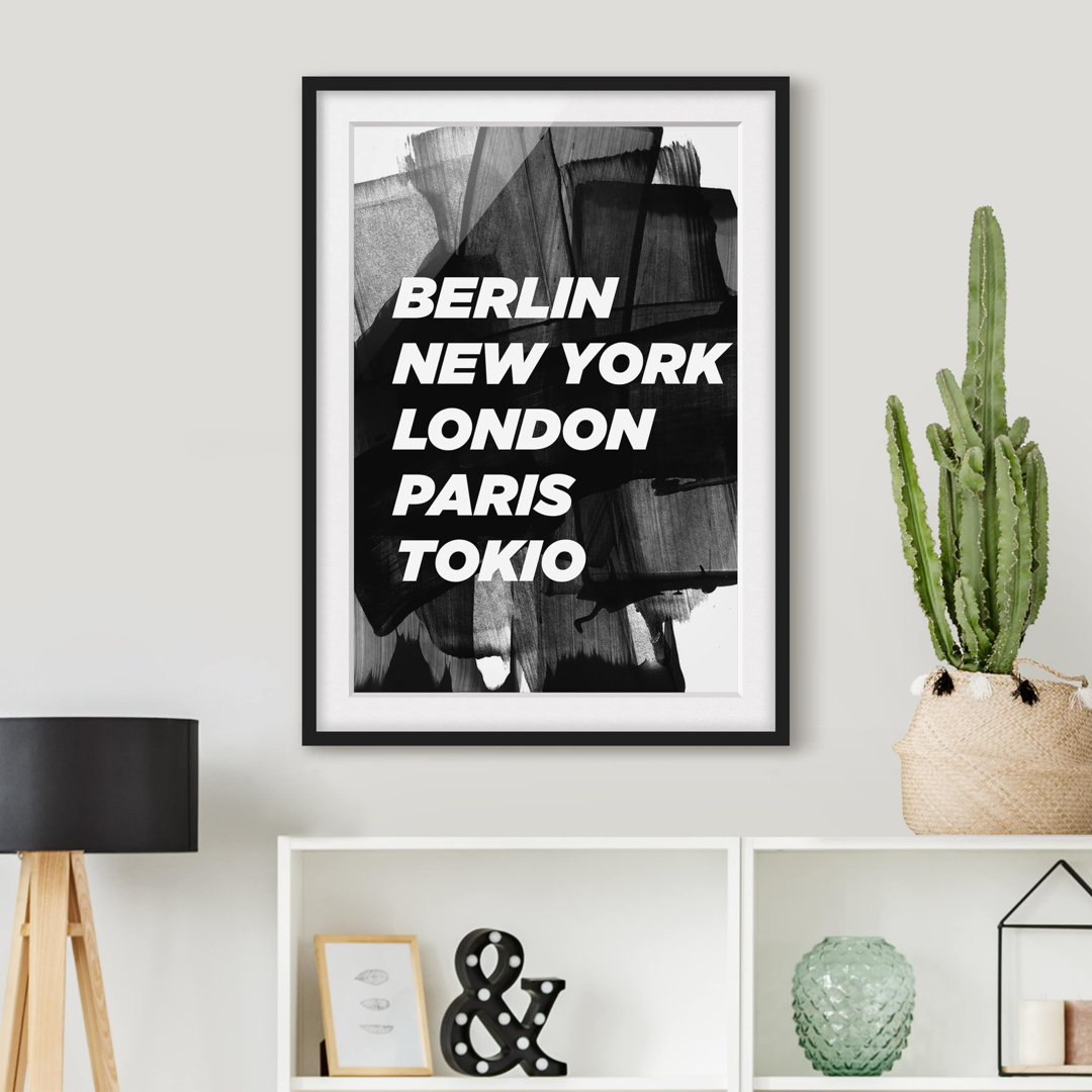 Gerahmtes Papierbild Berlin New York London in Schwarz