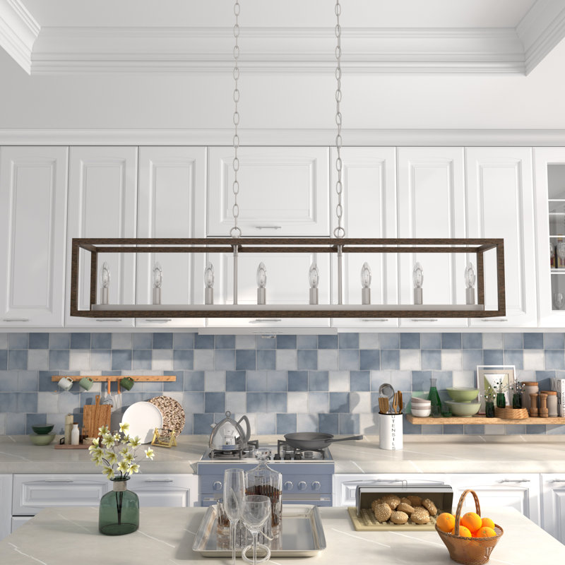 Lustre linéaire à 8 lumières pour îlot de cuisine Perea, Noyer / nickel