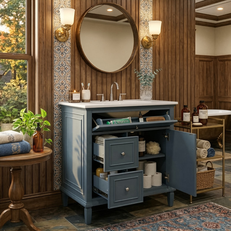 30" Freestanding Bathroom Vanity With Ceramic Sink, Modern Cabinet With 1 Flip Drawer, 2 Storage Drawers And Adjustable Shelf, 4 Colors