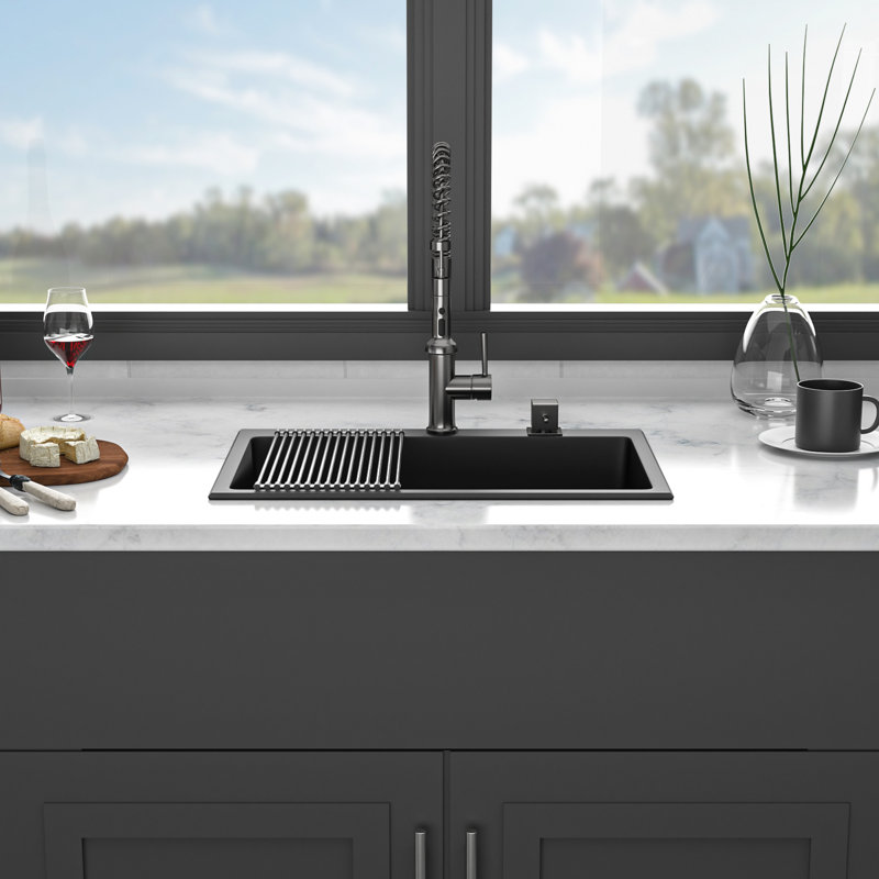 33X22" Quartz Composite Kitchen Sink, Black Granite Feel, Surface Composite, Strong And Hygienic