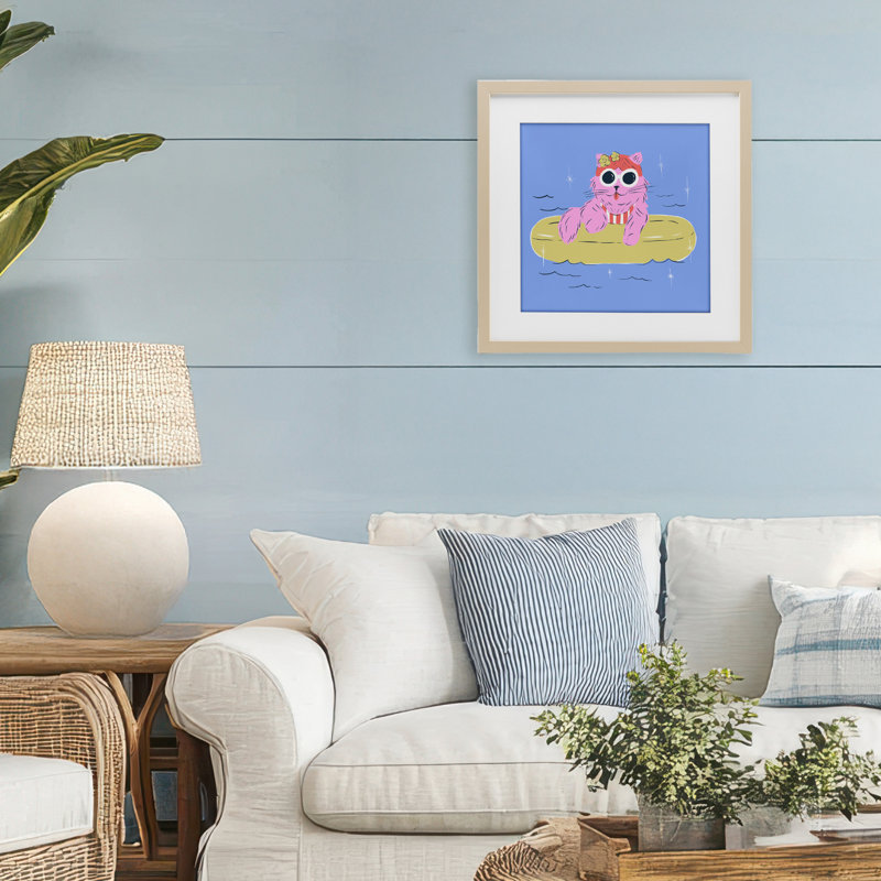 «Summer Pool Float Cat», reproduction encadrée sous verre, conception de Krissy Mast, Cadre de récolte en pin
