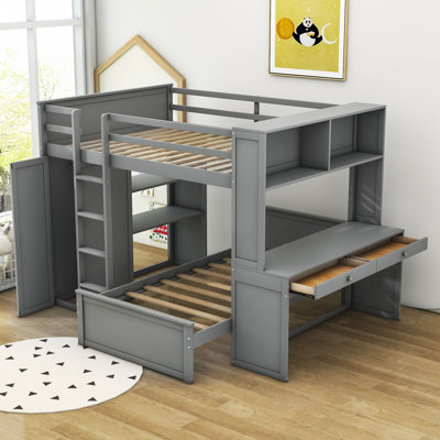 Asgun Full Over Twin Size Wood Bunk Bed with Shelves,Desk and Drawer -  Harriet Bee, F1B86F419E384B77B5BA481479F1BFEA