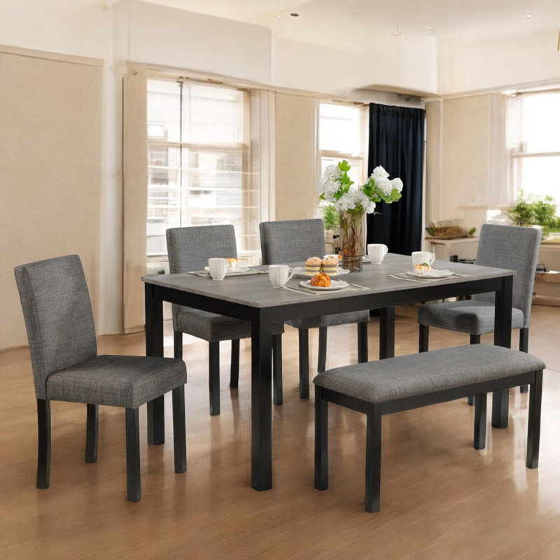Farmhouse 6 Piece Dining Set Kitchen Table Set With Bench,,dining room set,dinning table set, Dark Gray/Black