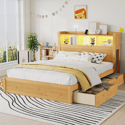 Lit plateforme avec tiroirs, lit en bois avec tête de lit et armoire de rangement escamotable, lit en bois avec lumière et douille