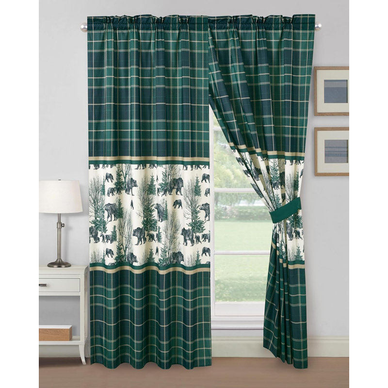 Blue Green Grizzly Bear Lodge Window Curtain Set with Sheer Backing