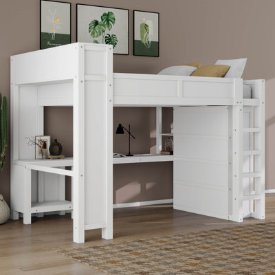 Grand lit mezzanine avec garde-robe et bureau, lit mezzanine en bois avec tête de lit avec rangement et port USB pour les adolescents