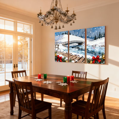 Paysage de Noël d'hiver avec pont enneigé et rivière, ensemble de 3 impressions sur toile