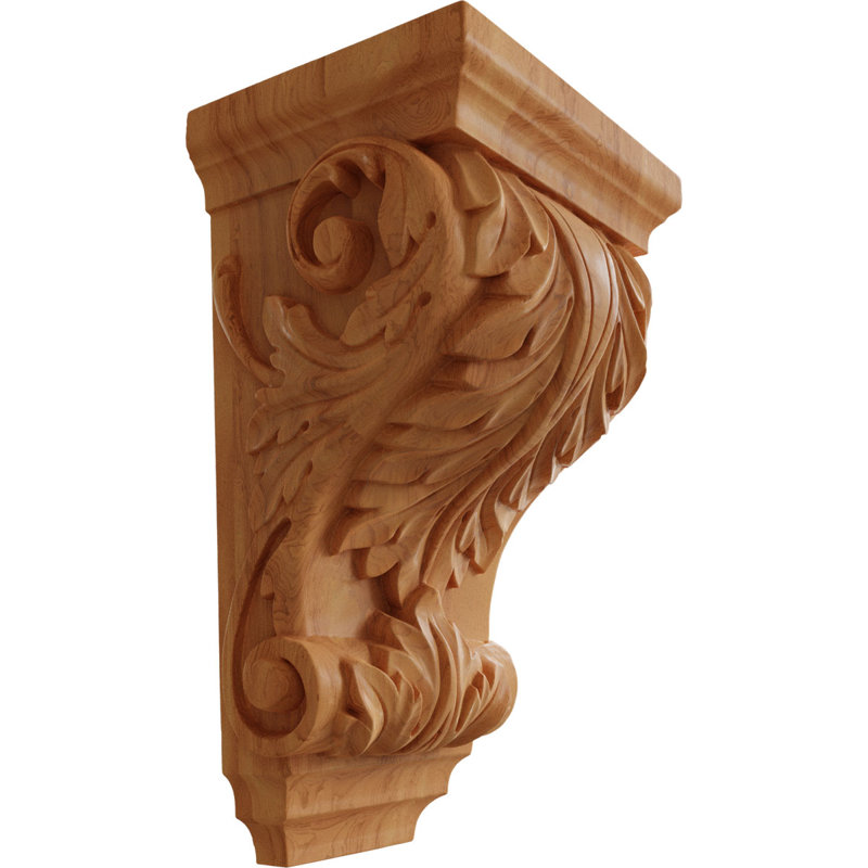 8 1/2"W x 6 1/2"D x 14"H Large Wide Acanthus Wood Corbel, Red Oak (2-Pack), Oak, 14" H x 8.5" W x 6.5" D