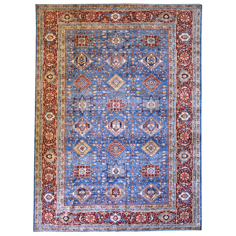 Tapis bleu en laine noué à la main de conception unique 9 pi 11 po x 13 pi 11 po New Age