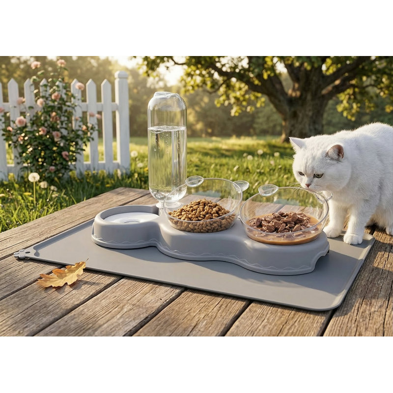 Bols surélevés 3 en 1 pour nourriture et eau avec bouteille d'eau automatique et tapis imperméable pour chats / petits chiens