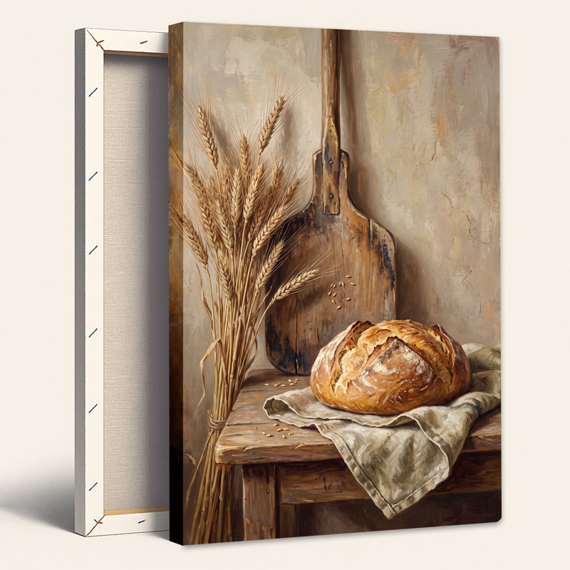 Tableau sur toile représentant un pain rustique et des épis de blé sur une table en bois, H 24 po x l 16 po