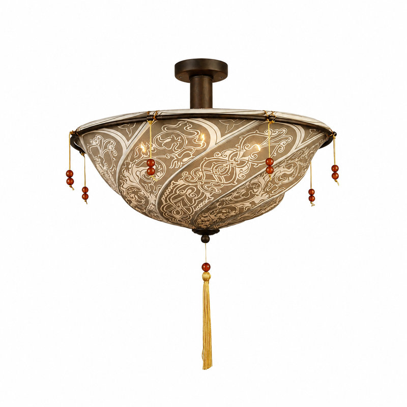 Traditional 4-Light Brown Patterned Fabric Lighting Fixture
