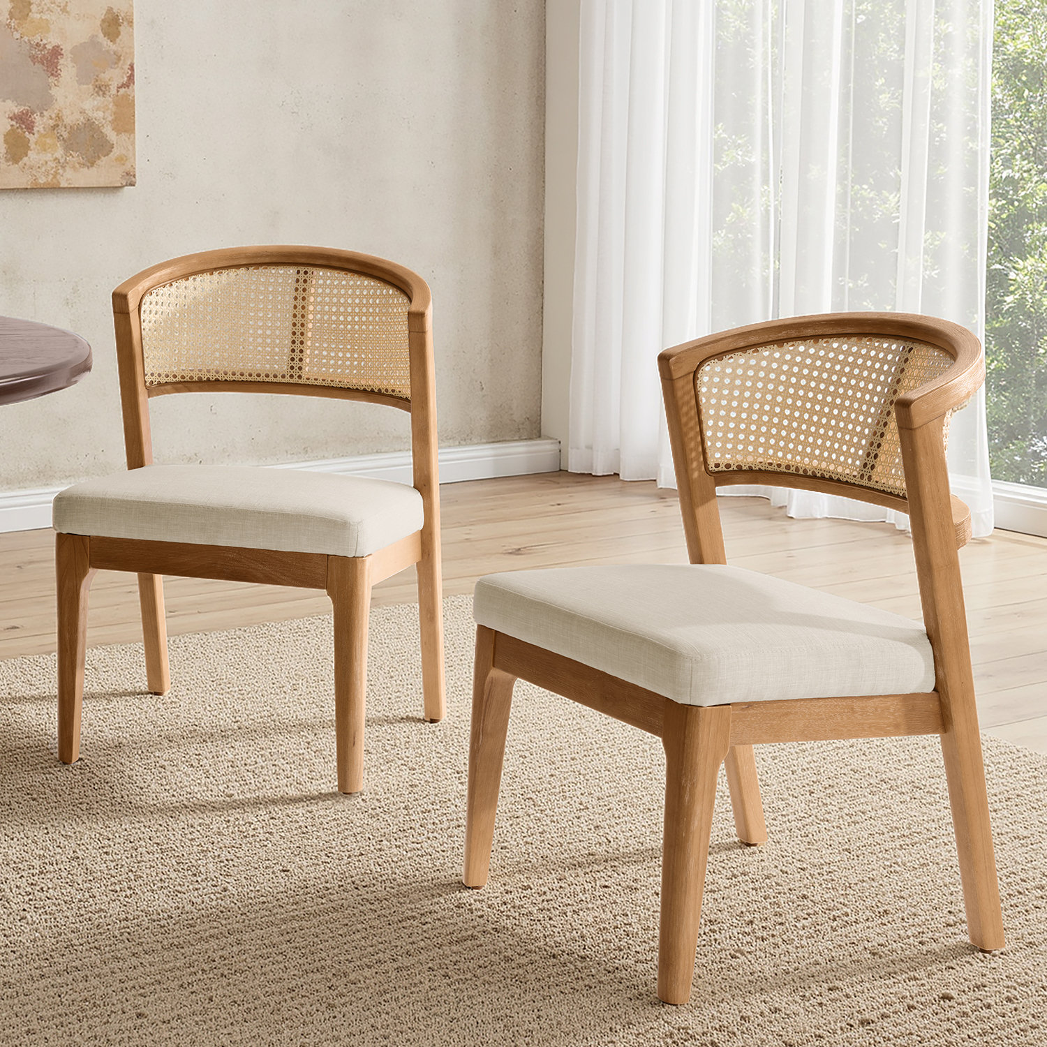 Bayou Breeze Debbora 21.75’‘W Coastal Solid Wood Barrel Dining Chair with Rattan Backrest(Set of 2) | Wayfair