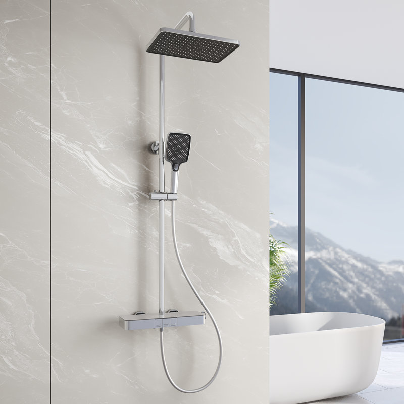 Three-outlet thermostatic shower, gray, Push Button, Chrome