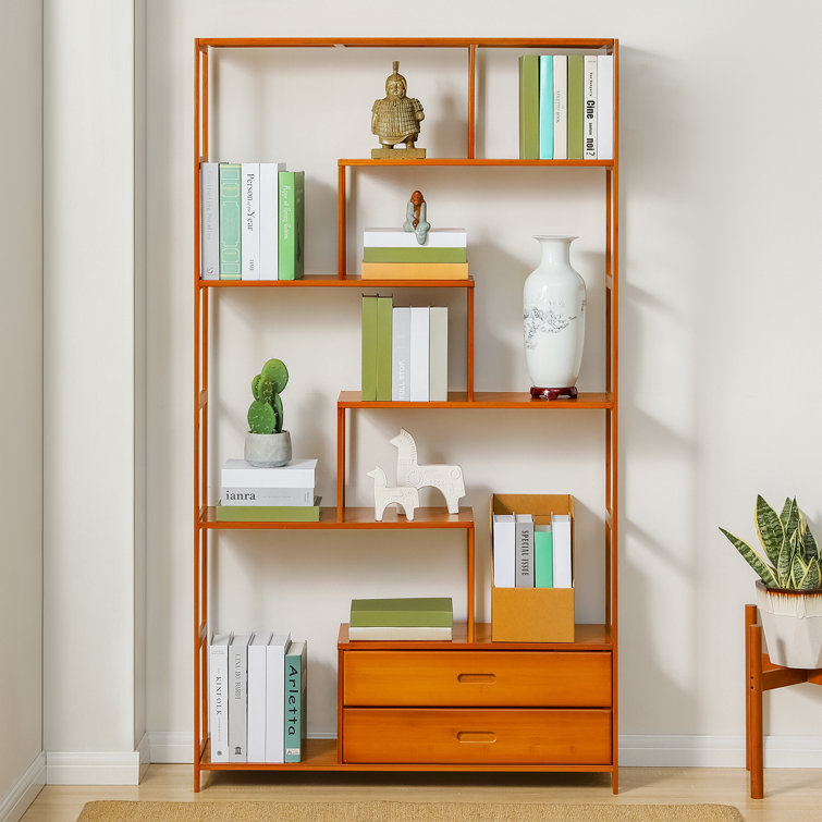 Lynzee Vintage Bamboo Staggered Storage Bookcase Shelf with 2 Drawers