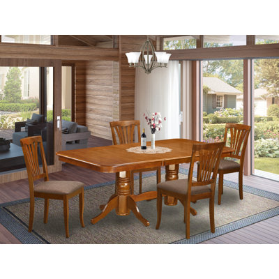 5 Piece Dining Set Includes a Rectangle Dining Room Table with Butterfly Leaf and 4 Linen Fabric Upholstered Chairs, Saddle Brown