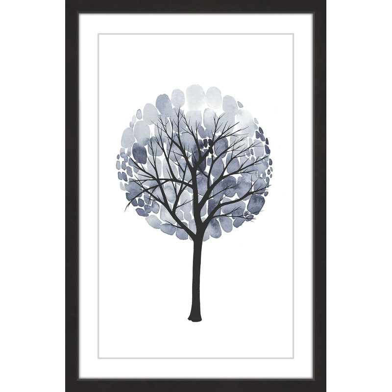 Midnight Elm Blue Tree Print on Canvas with Black Frame