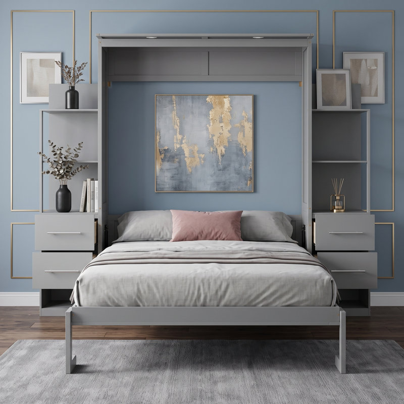 Lit escamotable multifonctionnel avec tablettes, tiroirs et lumières DEL Joean, gris, Double