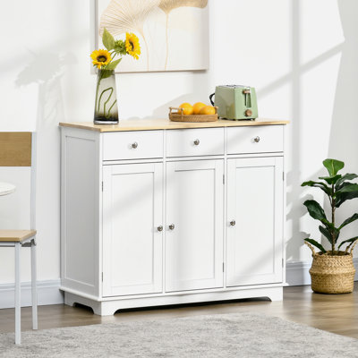 Modern Sideboard With Rubberwood Top, Buffet Cabinet With Storage Cabinets, Drawers And Adjustable Shelves, White