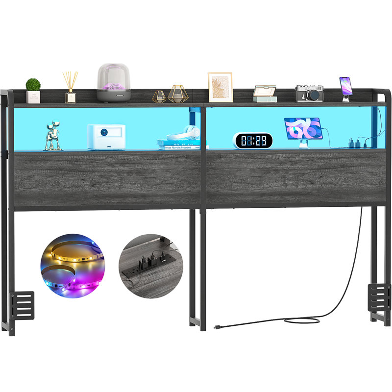 Storage Headboards With Outlets,USB Ports And LED Light, Gray, Queen