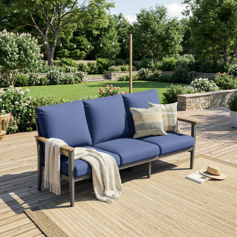 78" Wide Aluminum Outdoor Patio Sofa with Wood-Look HDPE Armrests & Deep Cushions, Navy Blue