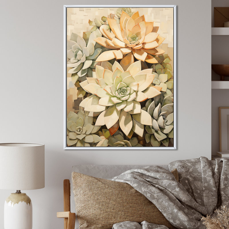 Beige plante grasse douce V, Cadre flottant blanc, H 32 po x l 24 po x P 1 po