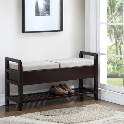 Espresso Storage Shoe Bench With Beige Fabric Upholstery And Dual Lift-Up Seats For Extra Storage
