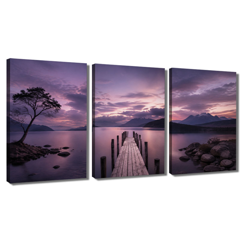 3 panneaux muraux, mauve, coucher de soleil, lac, jetée, paysage, 24 * 36 pouces * 3