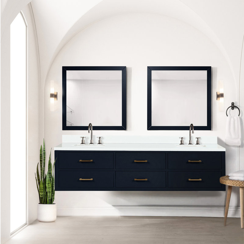 Meuble-lavabo double bleu avec plateau en marbre de culture et 36 po Miroirs - quartz l 80 x P 22 à fermeture en douceur