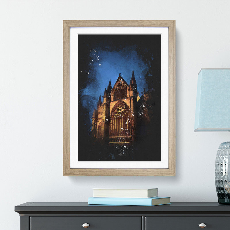 Lincoln Cathedral In England Paint Splash - Picture Frame Graphic Art, 33cm H x 24cm W x 2cm D, Oak Framed