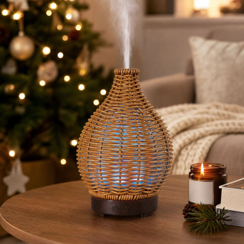 Humidificateur de bureau en forme de vase, aspect tissé, brumisateur, lumière d'ambiance à couleurs changeantes, idéal pour les fêtes de fin d'année et Thanksgiving.