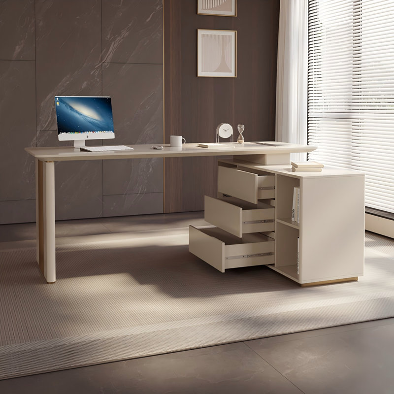 Bureau moderne moderne en bois massif blanc avec rangement, H 29,53 po x l 62,99 po x P 27,56 po
