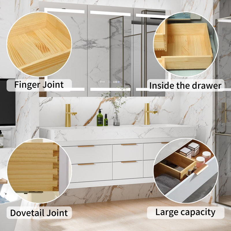 Lumino 60" Wall Mounted Double Sink Bathroom Vanity with Engineered Stone Top, LED Light, 6 Soft Close Drawers, White