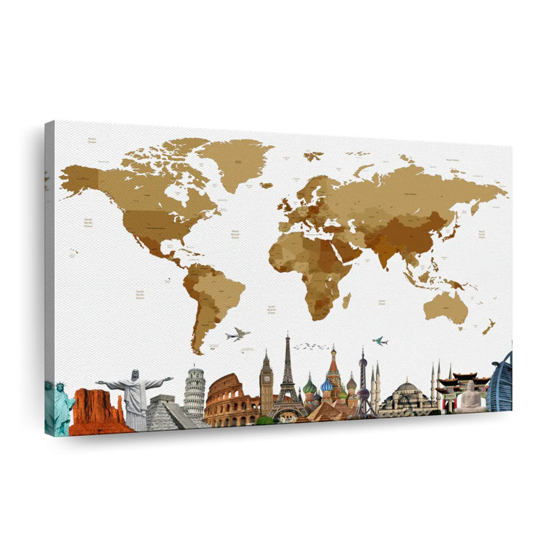 Carte du monde en bronze sur toile, H 8 po x l 12 po x P 1 po