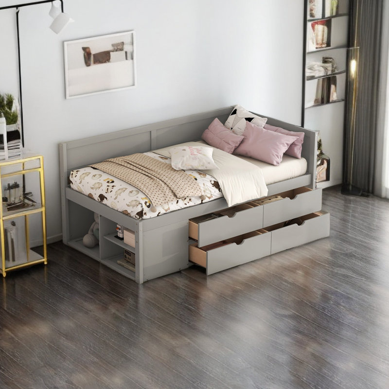 Lit de jour double avec tiroirs et tablettes, Lit simple, Gris