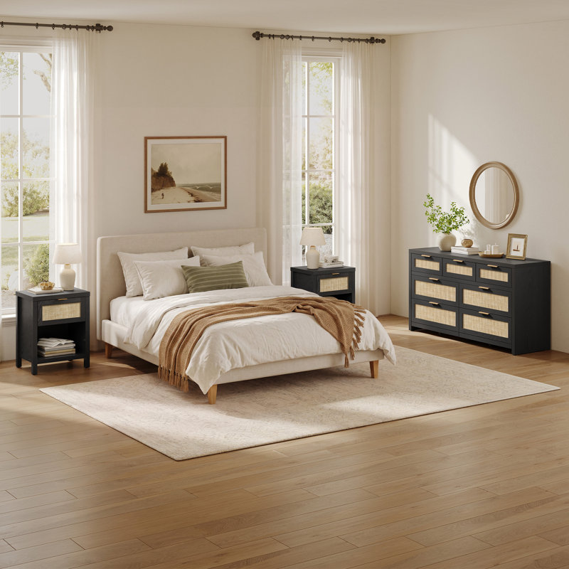 Ensemble de chambre à coucher 3 pièces avec rangement en rotin (commode 7 tiroirs + 2 tables de chevet)