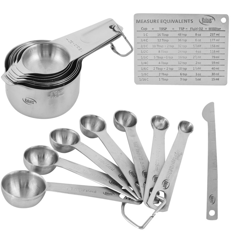Kaluns Measuring Cups, Measuring Spoons,16 Piece Stainless Steel Measuring Cups And Spoons Set Includes Leveller And Measurements Card, Heavy-Duty, Heat And Rust Resistant