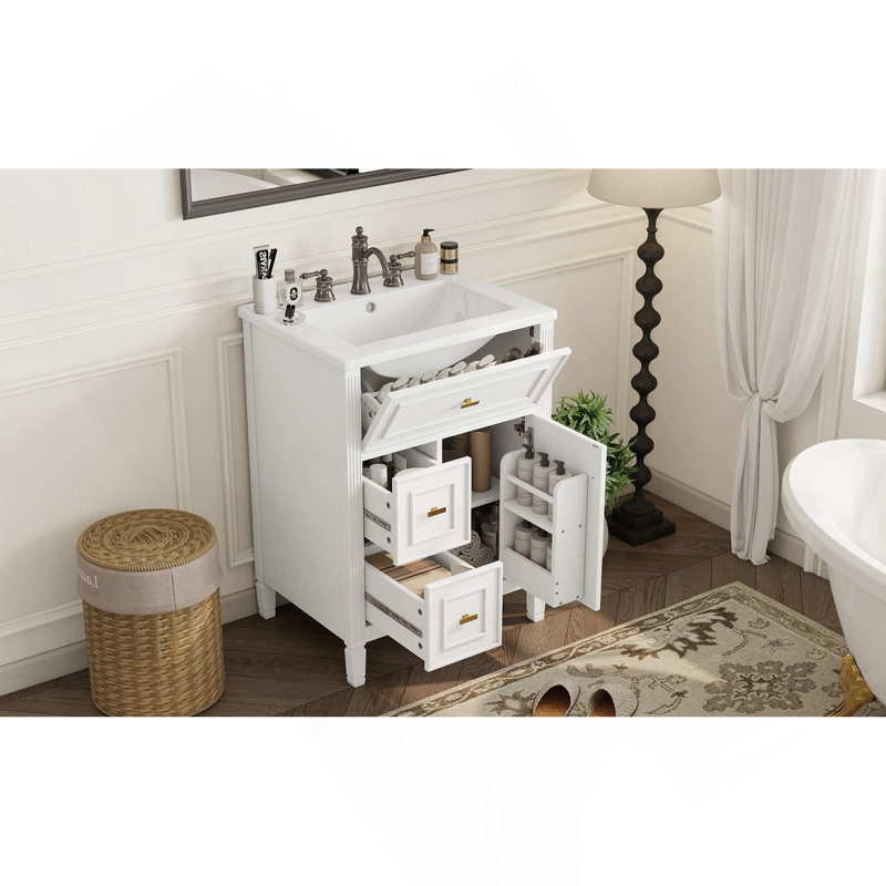 Meuble-lavabo 24 po avec lavabo, meuble-lavabo avec un tiroir rabattable et deux tiroirs, tablette réglable, bois massif et panneau de fibres à densité moyenne, blanc