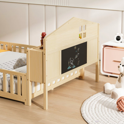 Lit double Montessori avec bibliothèques et tableaux noirs, lits plateforme polyvalents avec garde-corps, lits de sol en bois massif avec têtes de lit à rangement, lits de plancher pour enfants et adolescents (lit)