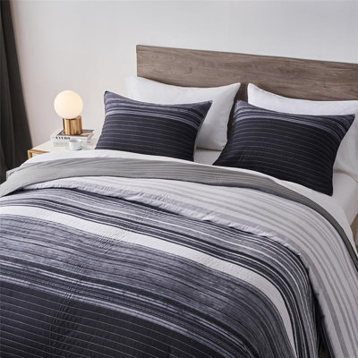 Black White Grey Queen Quilt Set – 3-Piece Striped Patchwork Microfiber Coverlet Bedding with Pillow Shams